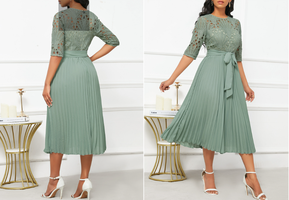 Patchwork Belted Sage Green Half Sleeve Round Neck Dress