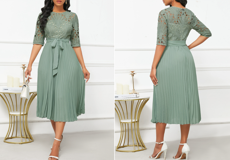 Patchwork Belted Sage Green Half Sleeve Round Neck Dress