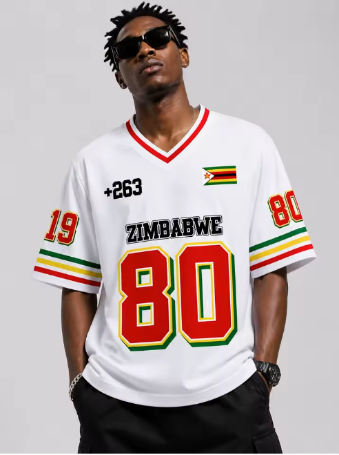 Summer Short-Sleeve Sweatshirt, Zimbabwe Men’s V-Neck Short-Sleeve Sweatshirt, White Flag Print Street Style Men’s Clothing